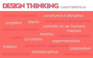 DESIGN THINKINGDESIGN THINKING características
abstrato e concreto
co-criativo
transdisciplinar
iterativo
empático aberto
imersivo
experimentativo
colaborativo
construtivo e disruptivo
holístico
centrado no ser humano
processo e resultado
teoria e práticaforma e função
criativo
generalista e especialista
subjetivo e objetivo
divergência e convergência
 
