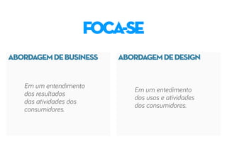 ABORDAGEMDEBUSINESS ABORDAGEMDEDESIGN
foca-se
Em um entendimento
dos resultados
das atividades dos
consumidores.
Em um entedimento
dos usos e atividades
dos consumidores.
 