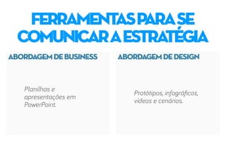 ABORDAGEMDEBUSINESS ABORDAGEMDEDESIGN
ferramentasPARASE
comunicaRAESTRATÉGIA
Planilhas e
apresentações em
PowerPoint.
Protótipos, infográficos,
vídeos e cenários.
 
