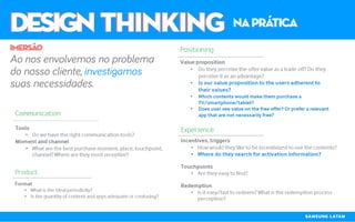 DESIGN THINKINGDESIGN THINKING naprática
Ao nos envolvemos no problema
do nosso cliente, investigamos
suas necessidades.
imersão
SAMSUNG LATAM
 