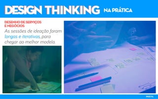 DESIGN THINKINGDESIGN THINKING naprática
As sessões de ideação foram
longas e iterativas, para
chegar ao melhor modelo.
desenhodeserviços
enegócios
PRÁTIL
 