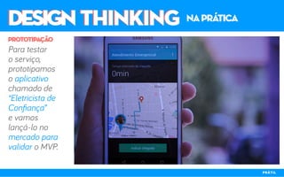 DESIGN THINKINGDESIGN THINKING naprática
Para testar
o serviço,
prototipamos
o aplicativo
chamado de
“Eletricista de
Confiança”
e vamos
lançá-lo no
mercado para
validar o MVP.
prototipação
PRÁTIL
 