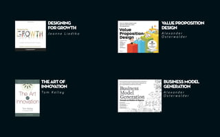 DESIGNING
FORGROWTH
THEARTOF
INNOVATION
BUSINESSMODEL
GENERATION
VALUEPROPOSITION
DESIGN
J e a n n e L i e d t k a
T o m K e l l e y A l e x a n d e r
O s t e r w a l d e r
A l e x a n d e r
O s t e r w a l d e r
 
