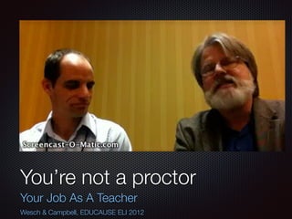 You’re not a proctor
Your Job As A Teacher
Wesch & Campbell, EDUCAUSE ELI 2012
 