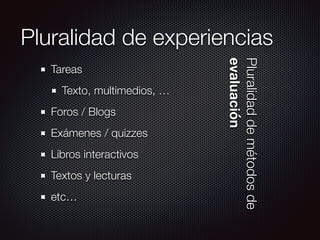Pluralidad de experiencias
Tareas
Texto, multimedios, …
Foros / Blogs
Exámenes / quizzes
Libros interactivos
Textos y lecturas
etc…
Pluralidaddemétodosde
evaluación
 
