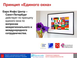 Принцип «Единого окна»
Евро Инфо Центр –
  Санкт-Петербург
  действует по принципу
  единого окна по
  вопросам
  межрегионального и
  международного
  сотрудничества.




 Комитет экономического развития    Управление поддержки
 промышленной политики и торговли   малого предпринимательства
 
