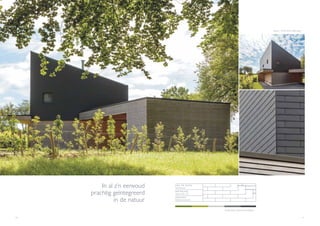 40 41
Gouvy - POM SCRL (Malmedy)
I
In al z’n eenvoud
prachtig geïntegreerd
in de natuur
MATERIA AL
Alterna 60 x 32
DEKKING
Halfsteensverband
I
Projectkleur: Alterna Donkergrijs
DAK EN GEVEL
Nieuwbouw
 