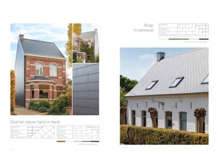70 71
Oud en nieuw hand in hand
I
Projectkleur: Alterna Donkergrijs
RENOVATIE
Gevel
MATERIA AL
Alterna 60 x 32
DEKKING
Halfsteensverband
RENOVATIE
Dak
MATERIA AL
Alterna 40 x 40 x 10
DEKKING
Ruitleien - Klassieke plaatsing
Knap
in eenvoud
I
Projectkleur: New Stonit Leisteengrijs
RENOVATIE
Dak
MATERIA AL
New Stonit 45 x 30
DEKKING
Dubbele dekking / Maasdekking
 