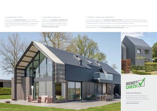 10 11
5. DUUR Z A AM LEVEN
Cedral leien zijn een milieubewuste keuze. Leien zijn lichtgewicht
bouwmaterialen. Ze worden zeer efficiënt geproduceerd, productieafval
wordt steeds meer gerecycleerd en grondstoffen- en energieverbruik
worden tot een minimum herleid. Mooi voor je woning, goed voor
ons milieu.
6. PAK HEEL JE HUIS IN
Liefhebber van een rustgevende en eigentijdse look?
Laat dan je dak en gevel naadloos in elkaar overlopen.
Je kan aan de slag met een ruim aanbod aan formaten,
dekkingsvormen en kleuren. Zo creëer je de perfecte
continuïteit tussen dak en gevel.
7. PERFECT VOOR ELKE RENOVATIE
Leien zijn het ideale materiaal voor de renovatie van de gevel en het dak. Ze bedekken onvolkomenheden of aanpassingen en
beschermen nieuw geplaatste isolatie. Met een effen en afgewerkt resultaat tot gevolg. Met leien kan je isoleren langs de buitenzijde.
Er is dus geen sprake van breekwerken of plaatsverlies, je woning blijft bewoonbaar tijdens de werken.
Leien kunnen dankzij hun geringe gewicht geplaatst worden op een lichter dakgebinte of structuur, zonder die te moeten versterken.
Bij een gevelrenovatie is het dus niet noodzakelijk om een extra fundering te voorzien.
RENOVATIEBONUS!
Je dak en/of gevel renoveren? Dat levert een
renovatiecheque op tussen 100 en 400 euro,
afhankelijk van de oppervlakte van je dak of gevel.
Vraag je RENOCHECK aan via
cedral.world/renocheck
Nukerke - SITO Architecten (Ninove)
PCP Architects - Peter Cornoedus & Partners (Genk)
 