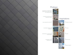 2 3
4
CHOISISSEZ UN PARTENAIRE
FIABLE POUR VOTRE PROJET
DE CONSTRUCTION
22
TOITURE ET FAÇADE
46
TOITURES
54
FAÇADES
64
RÉNOVATIONS
72
GRANDS PROJETS
7
7 RAISONS D’OPTER POUR
L’ARDOISE CEDRAL
12
DES GARANTIES EN BÉTON
Inspirations
Pratique
14
CHOISISSEZ VOTRE TYPE
D’ARDOISE
16
CHOISISSEZ LA COULEUR DE
VOTRE PROJET
20
CHOISISSEZ VOTRE
MODE DE POSE
 