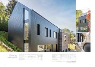 44 45
Neupré
AAMM Atelier d’Architecture (Neupré)
I
Moderne,
mais naturel
I
Couleur de projet : Alterna Noir
FAÇADE
Constructions neuves
MATÉRIAU
Alterna 60 x 32
RECOUVREMENT
Pose horizontale à
recouvrement double
TOITURE
Constructions neuves
MATÉRIAU
Alterna 60 x 32
RECOUVREMENT
Recouvrement double
 