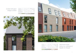 48 49
I
Couleur de projet : Alterna Gris foncé
Le bon toit pour
chaque surface
Harmonie entre
toiture en ardoises et
façade en briques
I
Couleurs de projet : Alterna Brun Havane
I
Gris brun
I
Rouge terre cuite
Minderhout - dmvA Architecten (Malines)
I
TOITURE
Constructions neuves
MATÉRIAU
Alterna 80 x 40
RECOUVREMENT
Pose horizontale à
recouvrement double
TOITURE
Constructions neuves
MATÉRIAU
Alterna 60 x 32
RECOUVREMENT
Recouvrement double
Sars-la-Bruyère - Axiome Architecture (Mons)
I
 