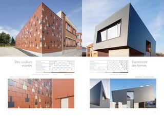 62 63
Steenokkerzeel - Atelier Kyoto (Eppegem)
I
I
Couleurs de projet : Alterna Gris brun
I
Rouge terre cuite
I
Gris zinc
Des couleurs
vivantes
I
Couleur de projet : Alterna Gris foncé
Excentricité
des formes
Wespelaar - Comodo Architecten (Louvain)
I
FAÇADE
Constructions neuves
MATÉRIAU
Alterna 60 x 32
RECOUVREMENT
Pose à claire-voie à
recouvrement double
FAÇADE
Constructions neuves
MATÉRIAU
Alterna 60 x 32
RECOUVREMENT
Pose inclinée à recouvrement double
 