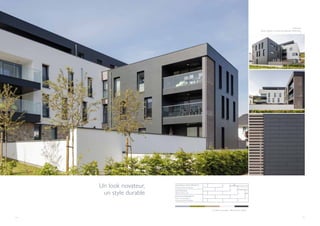 74 75
Malmedy
Bastin, Becker, Freches Architectes (Malmedy)
I
Un look novateur,
un style durable
I
Couleur de projet : Alterna Gris foncé
GRANDS BÂTIMENTS
Constructions neuves
MATÉRIAU
Alterna 60 x 32
RECOUVREMENT
Pose horizontale à
recouvrement double
 