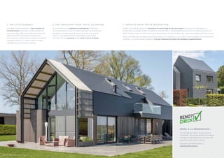 10 11
5. UN CYCLE DURABLE
Les ardoises Cedral constituent un choix soucieux de
l’environnement. Les ardoises sont des matériaux de
construction légers. Elles sont produites de manière très
efficace, les déchets de production sont de plus en
plus recyclés et la consommation de matières premières et
d’énergie est réduite à un minimum. Bref, une solution
esthétique et soucieuse de l’environnement.
6. UNE ENVELOPPE POUR TOUTE LA MAISON
Vous recherchez un look apaisant et contemporain ? Optez pour
une continuité entre la toiture et la façade, sans joints. Nos ardoises sont
disponibles en un large éventail de formats, de modes de pose et de
couleurs, ce qui offre énormément de possibilités architecturales.
Vous créez ainsi une continuité parfaite entre le toit et la façade.
7. PARFAITE POUR TOUTE RÉNOVATION
L’ardoise est le matériau idéal pour la rénovation de votre façade ou de votre toiture. Elle recouvre les imperfections ou
transformations et protège l’isolation nouvellement posée. Elle offre un résultat parfaitement lisse et fini. Les ardoises permettent de
réaliser l’isolation extérieure. Ainsi, pas de travaux de démolition ni de perte de place, votre maison reste habitable pendant les travaux.
Grâce à leur faible poids, les ardoises peuvent être placées sur une charpente ou une structure de toit plus légère et ne nécessitent pas
de renforts. En cas de rénovation de façade, il n’est pas nécessaire de prévoir des fondations supplémentaires.
PRIME À LA RÉNOVATION !
Vous envisagez de rénover votre toiture et/ou
votre façade ? Vous pouvez bénéficier d’un chèque
rénovation de 100 à 400 euros, en fonction de la
superficie de votre toiture ou façade.
Demandez votre RENOCHECK sur
cedral.world/renocheck
Nukerke - SITO Architecten (Ninove)
PCP Architects - Peter Cornoedus & Partners (Genk)
 