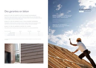 12 13
Des garanties en béton
JUSQU’À 30 ANS DE GARANTIE SUR LES VALEURS INTRINSÈQUES
Cedral offre des niveaux de garantie élevés sur les qualités intrinsèques des ardoises en fibres-ciment. L’étanchéité à la pluie,
l’absorption d’eau par immersion, la résistance au gel et la tension de rupture en flexion conformément aux agréments techniques
ou normes en vigueur au moment de la livraison sont garanties.
JUSQU’À 15 ANS DE GARANTIE SUR LE VIEILLISSEMENT HOMOGÈNE
Cedral garantit, à compter de la livraison, une évolution uniforme et homogène de l’aspect extérieur des ardoises, ainsi que la
conservation de leur teinte de base. En tenant compte d’une patine caractéristique du processus de vieillissement.
JUSQU’À 10 ANS DE GARANTIE CONTRE LES LICHENS
Cedral garantit, durant les 10 années qui suivent la livraison, l’absence de lichens sur la surface des ardoises Boronda.
Le texte de garantie complet, qui énonce les conditions d’application de la garantie, peut être obtenu sur simple demande ou est disponible sous la rubrique « Download » de notre site web
www.cedral.world.
Valeurs intrinsèques
Vieillissement homogène
Protection contre les lichens
30
15
-
ALTERNA
30
15
-
NEW STONIT
30
15
10
BORONDA
GARANTIE EN ANNÉES
Evere - DE ARCHITECTEN (Tervueren)
BESOIN D’AIDE POUR LA RÉALISATION ?
FAITES CONFIANCE À UN COUVREUR
CEDRAL SELECT PROFESSIONAL
Nous travaillons avec des experts qui, comme nous, ont foi en un
savoir-faire solide. Ils apportent une réponse simple, fiable et qualitative
à chaque question. Nous sélectionnons ces couvreurs pour le réseau
exclusif Cedral Select.
TROUVEZ UN COUVREUR DE
CONFIANCE DANS VOS ENVIRONS
SUR CEDRALSELECT.BE
 