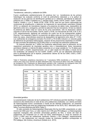 Cedrela balansae
Transferencia, selección y validación de SSRs
Fueron amplificados satisfactoriamente 24 putativos loci. La transferencia de los primers
heterólogos fue evaluada conforme al nivel de polimorfismo detectado y a la aptitud de
resolución de los patrones de identificación genética en C. balansae, permitiendo la selección
preliminar de 11 SSRs, 8 aislados en C. odorata (Ced2, Ced4a, Ced18, Ced27, Ced41, Ced44,
Ced61a, Ced95) y 3 en C. fissilis (CF26, CF66, CF78), para los que fueron optimizadas las
condiciones de amplificación y detección de fragmentos en secuenciador automático (Soldati
2010). La validación de marcadores respecto a la presencia de alelos nulos, desequilibrio de
ligamiento entre loci y endogamia, permitió la selección final de marcadores. Si bien se detectó
la presencia de alelos nulos en nueve de los once marcadores, solo se alcanzaron valores
mayores a 0.05 en los loci Ced4a, Ced18, Ced27 y CF26, con frecuencias de 0.89, 0.29, 0.18 y
0.30, respectivamente, debiendo ser excluidos los cuatro loci de los subsiguientes análisis.
Para los 7 loci restantes (Tabla 6), la proporción de alelos nulos por locus fue menor a 0.05, en
todos los casos, observándose ausencia de desequilibrio de ligamiento entre ellos (P > 0.05).
Los coeficientes de endogamia promedio Fis (0.021) y Fit (0.026) indicaron un reducido grado
de deficiencia de genotipos heterocigotas, respecto de las proporciones esperadas en el EHW.
El valor promedio del estadístico Fst (0.049) indicó un nivel bajo de subdivisión poblacional.
El conjunto descripto de 7 SSRs fue finalmente seleccionado para la estimación de los
respectivos parámetros de diversidad genética intra e interpoblacional. Estos marcadores
permitieron detectar un total de 62 alelos, presentes en un rango variable de 5 a 16 alelos para
los loci Ced61 y Ced44, respectivamente, con un valor medio de 8.85 alelos, a través de los
loci analizados. Se destacan los loci Ced44, Ced95 y CF78, por ser altamente informativos
para la genotipificación de la especie, presentando valores de He de 0.840, 0.835 y 0.801,
respectivamente (Tabla 6).
Tabla 6: Parámetros estadísticos descriptivos de 7 marcadores SSRs transferidos a C. balansae. Se
indican para cada Locus: Número de alelos detectados (Na), Frecuencia de alelos nulos (AN), Coeficiente
de endogamia (Fis), Coeficiente de diferenciación genética (Fst), Coeficiente de endogamia total (Fit),
Heterocigosidad observada (Ho), Heterocigosidad esperada ( He) y desvío estándar (ds)
Diversidad genética
La caracterización molecular de las 8 poblaciones (107 individuos) permitió identificar 13 alelos
exclusivos (Ae) distribuidos en siete de las ocho poblaciones analizadas. Los valores promedio
de heterocigosidad fueron consistentes a través de las distintas poblaciones, sin presentar
importantes diferencias entre las poblaciones localizadas en los SLN y SLC, descriptos para la
Selva Tucumano-Boliviana del NOA (Tabla 7).
El valor promedio de Heterocigosidad Observada (Ho) fue de 0.660, presentando un valor
mínimo de 0.602 para Yuto y un valor máximo de 0.726 para PN Calilegua. La Heterocigosidad
esperada insesgada (He) promedio (Diversidad genética de Nei), a través del total de
poblaciones, fue moderada con un valor de 0.643, observándose un rango de variación de
0.575 a 0.683 para las poblaciones Apolinario Saravia y PN Calilegua, respectivamente
(Tabla 7). Las poblaciones con mayores niveles de diversidad genética corresponden al
PN Calilegua, Sán Andres y Acambuco (Soldati et al., 2010).
Locus Na AN Fis Fst Fit Ho He
Ced2 6 0.023 -0.094 0.031 -0.060 0.632 0.593
Ced41 6 0.015 0.018 0.105 0.121 0.616 0.692
Ced44 16 0.000 -0.062 0.019 -0.042 0.877 0.840
Ced61 5 0.043 0.041 0.032 0.071 0.471 0.505
Ced95 13 0.000 -0.071 0.026 -0.043 0.873 0.835
CF66- 8 0.006 0.006 0.051 0.057 0.433 0.456
CF78 8 0.026 0.019 0.083 0.100 0.728 0.801
Promedio
ds.
8.85
4.09
0.016
0.020
0.021
0.051
0.049
0.034
0.026
- 0.071
0.622
0.182
0.675
0.163
 