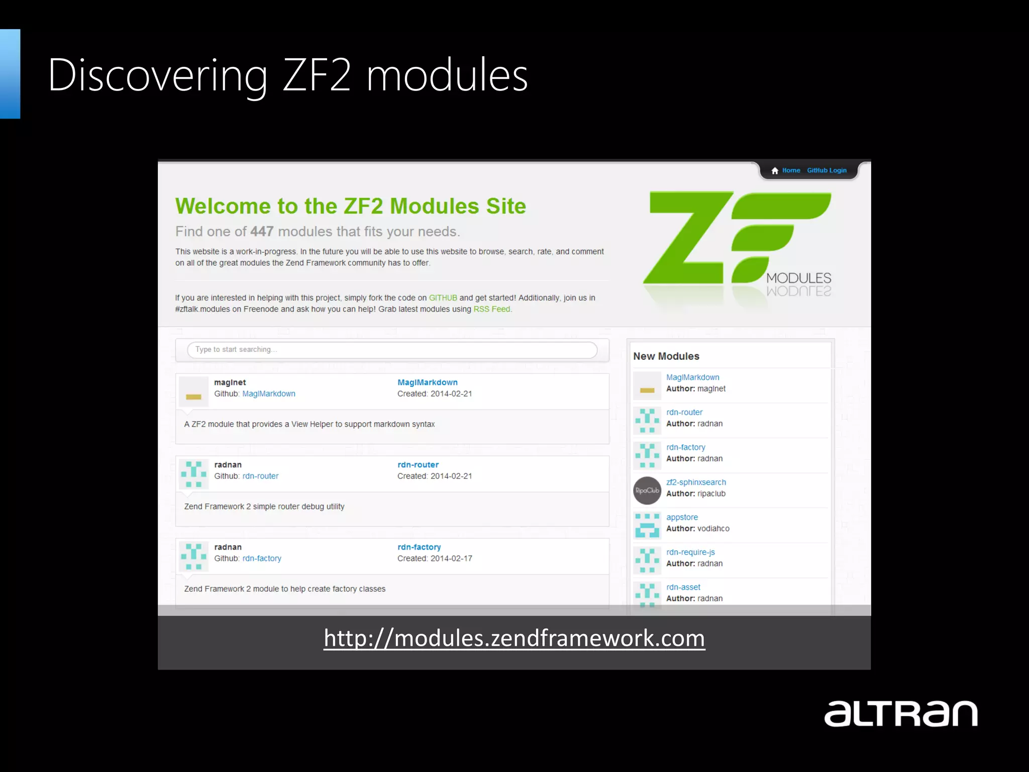 Discovering ZF2 modules
http://modules.zendframework.com
 
