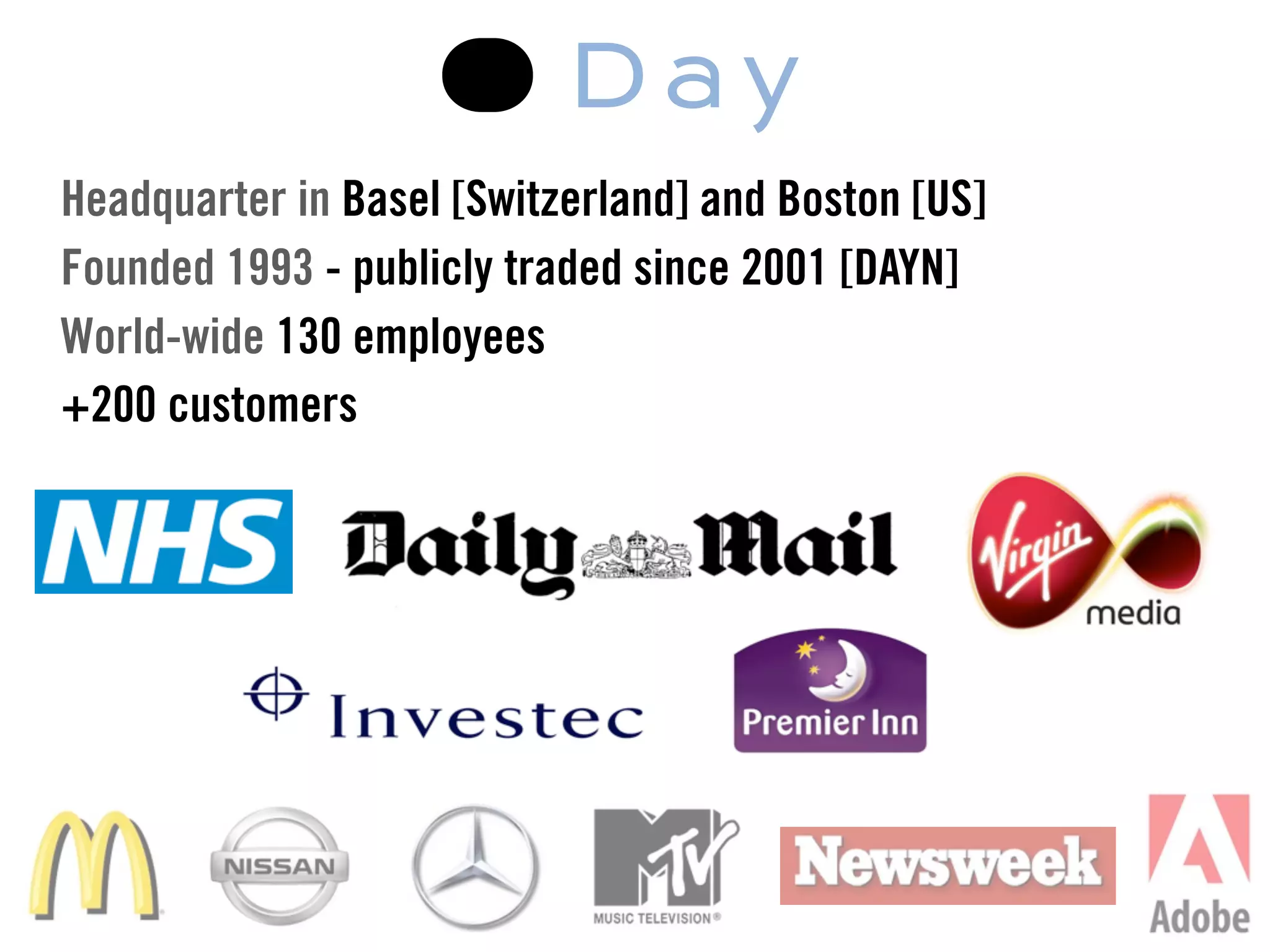 Headquarter in Basel [Switzerland] and Boston [US]
Founded 1993 - publicly traded since 2001 [DAYN]
World-wide 130 employees
+200 customers
 