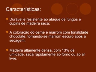 Características: 
Durável e resistente ao ataque de fungos e 
cupins de madeira seca; 
A coloração do cerne é marrom com tonalidade 
chocolate, tornando-se marrom escuro após a 
secagem; 
Madeira altamente densa, com 13% de 
umidade, seca rapidamente ao forno ou ao ar 
livre. 
 