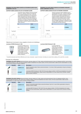 ENSEMBLES ET SUPPORTS SOLAIRES

SIMON CEDRUS SOLAR

ENSEMBLE SOLAIRE SIMON CEDRUS AUTONOMIE ÉLEVÉE POUR
LUMINAIRE 12/24 Vdc

ENSEMBLE SOLAIRE SIMON CEDRUS AUTONOMIE STANDARD
POUR LUMINAIRE 12/24 Vdc

SUPPORT SIMON CEDRUS SOLAR AUTONOMIE ÉLEVÉE

SUPPORT SIMON CEDRUS SOLAR AUTONOMIE STANDARD
Support ensemble solaire CEDRUS autonomie standard prévu pour : panneau solaire de
90 Wp ﬁxé à un support de plaque en acier,
24 Vdc de tension de fonctionnement et 1
batterie de 90 Ah. Double fût pour panneau
solaire et luminaire fabriqué dans un tube
structurel en acier de 4 m de haut. Trémie
pour stockage de batteries et régulateur dans
la base, ﬁnition galvanisée à chaud au trempé
et possibilité de ﬁnition peinture.

H

Code

H

Code

4m

5-630910

4m

5-630900

4000

4000

Ensemble solaire CEDRUS autonomie élevée
formé de : panneau solaire de 175 Wp ﬁxé
à un support de plaque en acier, 24 Vdc de
tension de fonctionnement et 2 batteries de
90 Ah. Double fût pour panneau solaire et
luminaire fabriqué dans un tube structurel en
acier de 4 m de haut. Trémie pour stockage
de batteries et régulateur dans la base, ﬁnition
galvanisée à chaud au trempé et possibilité de
ﬁnition peinture.

TIGES M24X800
PERNOSM24X800
TIGES M24X800
PERNOSM24X800

560.00
300.00

560.00

300.00

420.00

300.00

420.00

300.00

Sélectionner le luminaire le mieux adapté en fonction de l'esthétique
Luminaire HYDRA M Istanium® LED

Luminaire Nath M Istanium® LED

Luminaire HYDRA M avec
surface plane, 12/24 V, optique routière large, 24 LED
et température de couleur
neutre, 25 W de consommation, faible courant
d'alimentation à un seul
niveau de ﬂux lumineux et
ﬁnition GYDECO*.

50-88667

Luminaire NATH M
12/24 Vdc avec optique
routière large, 24 LED de
température de couleur
neutre, 25 W de consommation, faible courant
d'alimentation à un seul
niveau de ﬂux lumineux et
ﬁnition GY9007*.

50-88670

* Possibilité de demander des ﬁnitions différentes pour les deux composants : support et luminaire. Voir tableau de couleurs Simon Lighting p. 262, autres RAL à consulter.

Exemples de conﬁguration
ENSEMBLE SOLAIRE CEDRUS autonomie élevée, panneau solaire de 175 Wp, tension de fonctionnement 24 Vdc et 2 batteries de 90 Ah, avec luminaire HYDRA M Istanium® LED 12/24 Vdc et optique routière, température de couleur neutre, 25 W de consommation, faible courant d'alimentation à un seul
niveau de ﬂux lumineux et ﬁnition GYDECO.
Quantité

Code

Description

1

5-630910-013

Support ensemble solaire Cedrus autonomie élevée, 4 m de haut, ﬁnition galvanisée à chaud au trempé et
ﬁnition GYDECO.

1

50-88667

Luminaire HYDRA M Istanium® LED 12/24 Vdc avec optique routière, 24 LED avec température de couleur
neutre, 25 W de consommation, faible courant d'alimentation à un seul niveau de ﬂux lumineux, surface
plane et ﬁnition GYDECO*.

ENSEMBLE SOLAIRE CEDRUS autonomie élevée, panneau solaire de 175 Wp, tension de fonctionnement 24 Vdc et 2 batteries de 90 Ah, avec
luminaire NATH M Istanium® LED 12/24 Vdc et optique routière, 24 LED de température de couleur neutre, 25 W de consommation, faible courant
d'alimentation à un seul niveau de ﬂux lumineux et ﬁnition GY9007.
Code

Description

1

5-630910-016

Support d'ensemble solaire Cedrus autonomie élevée, haut de 4 m avec ﬁnition galvanisée à chaud au
trempé et ﬁnition GY9007.

1

50-88670

Luminaire NATH M Istanium® LED 12/24 Vdc avec optique routière, 24 LED de température de couleur
neutre, 25 W de consommation, faible courant d'alimentation à un seul niveau de ﬂux lumineux et ﬁnition
GY9007.

Impreso: 2013-05-13

Quantité

SIMON LIGHTING, S.A.

31

 