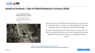 Sample AI Incidents | Uber AV Killed Pedestrian in Arizona (2018)
info@iodti.org
Iodti.org
Reference: https://incidentdatabase.ai/apps/incidents/ ; https://
www.nytimes.com/interactive/2018/03/20/us/self-driving-uber-pedestrian-killed.html
​A woman was struck and killed on Sunday night by an autonomous
car operated by Uber in Tempe, Ariz. It was believed to be the first
pedestrian death associated with self-driving technology.
​
The vehicle was going about 40 miles an hour on a street with a 45-
mile-an-hour speed limit when it struck Ms. Herzberg, 49, who was
walking her bicycle across the street, according to the Tempe
police.
 