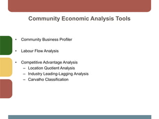Community Economic Analysis Tools
• Community Business Profiler
• Labour Flow Analysis
• Competitive Advantage Analysis
– Location Quotient Analysis
– Industry Leading-Lagging Analysis
– Carvalho Classification
 