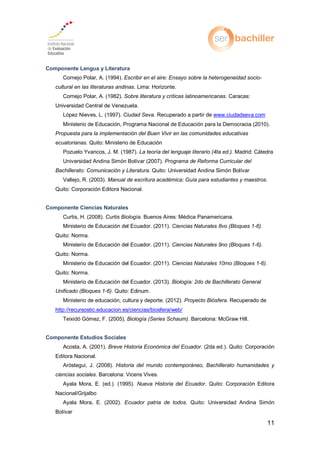 11
Componente Lengua y Literatura
Cornejo Polar, A. (1994). Escribir en el aire: Ensayo sobre la heterogeneidad socio-
cultural en las literaturas andinas. Lima: Horizonte.
Cornejo Polar, A. (1982). Sobre literatura y críticas latinoamericanas. Caracas:
Universidad Central de Venezuela.
López Nieves, L. (1997). Ciudad Seva. Recuperado a partir de www.ciudadseva.com
Ministerio de Educación, Programa Nacional de Educación para la Democracia (2010).
Propuesta para la implementación del Buen Vivir en las comunidades educativas
ecuatorianas. Quito: Ministerio de Educación
Pozuelo Yvancos, J. M. (1987). La teoría del lenguaje literario (4ta ed.). Madrid: Cátedra
Universidad Andina Simón Bolívar (2007). Programa de Reforma Curricular del
Bachillerato: Comunicación y Literatura. Quito: Universidad Andina Simón Bolívar
Vallejo, R. (2003). Manual de escritura académica: Guía para estudiantes y maestros.
Quito: Corporación Editora Nacional.
Componente Ciencias Naturales
Curtis, H. (2008). uenos i es: dica Panamericana.
Ministerio de Educación del Ecuador. (2011). Ciencias Naturales 8vo (Bloques 1-6).
Quito: Norma.
Ministerio de Educación del Ecuador. (2011). Ciencias Naturales 9no (Bloques 1-6).
Quito: Norma.
Ministerio de Educación del Ecuador. (2011). Ciencias Naturales 10mo (Bloques 1-6).
Quito: Norma.
Ministerio de Educación del Ecuador. (2013). Biología: 2do de Bachillerato General
Unificado (Bloques 1-6). Quito: Edinum.
Ministerio de educación, cultura y deporte. (2012). Proyecto Biósfera. Recuperado de
http://recursostic.educacion.es/ciencias/biosfera/web/
ei idó óme . Barcelona: McGraw Hill.
Componente Estudios Sociales
Acosta, A. (2001). Breve Historia Económica del Ecuador. (2da ed.). Quito: Corporación
Editora Nacional.
ós egui Historia del mundo contemporáneo, Bachillerato humanidades y
ciencias sociales. Barcelona: Vicens Vives.
Ayala Mora, E. (ed.). (1995). Nueva Historia del Ecuador. Quito: Corporación Editora
Nacional/Grijalbo
Ayala Mora, E. (2002). Ecuador patria de todos. Quito: Universidad Andina Simón
Bolívar
 