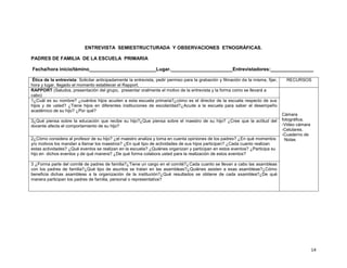 ENTREVISTA SEMIESTRUCTURADA Y OBSERVACIONES ETNOGRÁFICAS.
PADRES DE FAMILIA DE LA ESCUELA PRIMARIA
Fecha/hora inicio/témino_________________________Lugar._______________________Entrevistadores:________________
Ética de la entrevista: Solicitar anticipadamente la entrevista, pedir permiso para la grabación y filmación de la misma, fijar,
hora y lugar, llegado el momento establecer el Rapport.
RAPPORT (Saludos, presentación del grupo, presentar oralmente el motivo de la entrevista y la forma como se llevará a
cabo)
1¿Cuál es su nombre? ¿cuántos hijos acuden a esta escuela primaria?¿cómo es el director de la escuela respecto de sus
hijos y de usted? ¿Tiene hijos en diferentes instituciones de escolaridad?¿Acude a la escuela para saber el desempeño
académico de su hijo? ¿Por qué?
3¿Qué piensa sobre la educación que recibe su hijo?¿Que piensa sobre el maestro de su hijo? ¿Cree que la actitud del
docente afecta el comportamiento de su hijo?
2¿Cómo considera al profesor de su hijo? ¿el maestro analiza y toma en cuenta opiniones de los padres? ¿En qué momentos
y/o motivos los mandan a llamar los maestros? ¿En qué tipo de actividades de sus hijos participan? ¿Cada cuanto realizan
estas actividades? ¿Qué eventos se realizan en la escuela? ¿Quiénes organizan y participan en estos eventos? ¿Participa su
hijo en dichos eventos y de qué manera? ¿De qué forma colabora usted para la realización de estos eventos?

RECURSOS

Cámara
fotográfica.
-Video cámara
-Celulares.
-Cuaderno de
Notas

3 ¿Forma parte del comité de padres de familia?¿Tiene un cargo en el comité?¿Cada cuanto se llevan a cabo las asambleas
con los padres de familia?¿Qué tipo de asuntos se tratan en las asambleas?¿Quiénes asisten a esas asambleas?¿Cómo
beneficia dichas asambleas a la organización de la institución?¿Qué resultados se obtiene de cada asamblea?¿De qué
manera participan los padres de familia, personal o representativa?

14

 