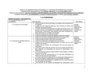 CEDULA DE OBSERVACIÓN ETNOGRÁFICA Y ENTREVISTAS SEMIESTRUCTURADAS.
Nombre de los Observadores (a): C.A.”MIGUEL HIDALGO” 13,14 15 DE ENERO 2014.
Institución de procedencia: ESCUELA NORMAL URBANA FEDERAL DEL ISTMO, LICENCIATURA EN EDUCACIÓN PRIMARIA.
Unidad de Observación: LA COMUNIDAD Y LA INSTITUCIÓN ESCOLAR. Localidad. CD. IXTEPEC, OAXACA.

1.-LA COMUNIDAD
OBSERVACIONES ETNOGRÁFICAS
1.1- CALIDAD DE VIDA DE LA
COMUNIDAD
1.1.2- Acceso a la Comunidad

1.1.3.-Descripción del Medio Natural y
social

INDICADORES
 ¿Cuál es el tipo de camino para llegar a los lugares más importantes de
la localidad?
 ¿Cuáles son los medios de transporte más comunes que utilizan los
habitantes de esta comunidad?
 ¿A cuánto asciende aproximadamente los gastos generados al día, a la
semana y al mes, por el traslado de los lugares más importantes-casa y
escuela-casa? (observación: esta pregunta esta para contemplar los
gastos generados en el traslado a la escuela).
 ¿Cuál es la ubicación de institución escolar?
 ¿Cuál es el tiempo aproximado de llegada a la institución escolar?
 ¿Cuál es la ubicación y localización geográfica de la comunidad?
 ¿Cuál es el tipo de clima predominante en la comunidad?
 ¿Cómo es el tipo de flora y fauna en la comunidad?
 ¿Cómo es la hidrografía y topografía de la comunidad?
 ¿Cuáles son los servicios públicos/privados de salud con los que
cuenta la comunidad?
 ¿Cuáles son los medios de comunicación con los que cuenta la
comunidad?
 ¿Cuál es el punto central de comercio en el que acuden las personas
para satisfacer sus necesidades de consumo en alimentación y en
vestimenta?
 ¿Con que servicios públicos (energía eléctrica, agua potable y drenaje)
cuenta la comunidad?
 ¿Cuál es el tipo de infraestructura con la que están elaboradas la
mayoría de las casas de la comunidad?
 ¿La mayor parte de los hogares de la comunidad están abastecidos por
los servicios públicos (energía eléctrica, agua potable y drenaje)?
 ¿De qué material está elaborado la infraestructura de la pavimentación
y en qué estado se encuentra?
 ¿Los servicios de los medios de transporte son adecuados a las

RECURSOS
-Cámara
fotográfica.
-Video cámara
-Celulares.
-Cuaderno de
Notas.

-Cámara
fotográfica.
-Video cámara
-Celulares.
-Cuaderno de
Notas.

4

 