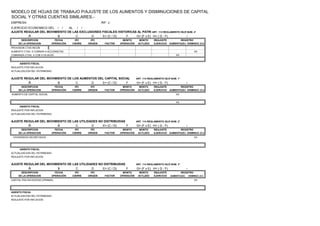 EMPRESA: RIF: J-
EJERCICIO ECONOMICO DEL / / AL / /
AJUSTE REGULAR DEL MOVIMIENTO DE LAS EXCLUSIONES FISCALES HISTORICAS AL PATRIMONIOART. 113 REGLAMENTO ISLR NUM. 4°
A B C D E= (C / D) F G= (F x E) H= ( G - F)
DESCRIPCION FECHA IPC IPC MONTO MONTO REAJUSTE
DE LA OPERACION OPERACIÓN CIERRE ORIGEN FACTOR OPERACIÓN ACTLZDO EJERCICIO AUMENTO(Dr) DISMINUC (Cr)
PROVISION CTAS INCOB
AUMENTO CTAS. X COBRAR A ACCIONISTAS XX
COBRANZA CTAS. X COB A FILIALES XX
ASIENTO FISCAL
REAJUSTE POR INFLACION
ACTUALIZACION DEL PATRIMONIO
AJUSTE REGULAR DEL MOVIMIENTO DE LOS AUMENTOS DEL CAPITAL SOCIAL ART. 114 REGLAMENTO ISLR NUM. 1°
A B C D E= (C / D) F G= (F x E) H= ( G - F)
DESCRIPCION FECHA IPC IPC MONTO MONTO REAJUSTE
DE LA OPERACION OPERACIÓN CIERRE ORIGEN FACTOR OPERACIÓN ACTLZDO EJERCICIO AUMENTO(Dr) DISMINUC (Cr)
AUMENTO DE CAPITAL SOCIAL XX
XX
ASIENTO FISCAL
REAJUSTE POR INFLACION
ACTUALIZACION DEL PATRIMONIO
AJUSTE REGULAR DEL MOVIMIENTO DE LAS UTILIDADES NO DISTRIBUIDAS ART. 114 REGLAMENTO ISLR NUM. 2°
A B C D E= (C / D) F G= (F x E) H= ( G - F)
DESCRIPCION FECHA IPC IPC MONTO MONTO REAJUSTE
DE LA OPERACION OPERACIÓN CIERRE ORIGEN FACTOR OPERACIÓN ACTLZDO EJERCICIO AUMENTO(Dr) DISMINUC (Cr)
DIVIDENDOS DECRETADOS XX
ASIENTO FISCAL
ACTUALIZACION DEL PATRIMONIO
REAJUSTE POR INFLACION
AJUSTE REGULAR DEL MOVIMIENTO DE LAS UTILIDADES NO DISTRIBUIDAS ART. 114 REGLAMENTO ISLR NUM. 3°
A B C D E= (C / D) F G= (F x E) H= ( G - F)
DESCRIPCION FECHA IPC IPC MONTO MONTO REAJUSTE
DE LA OPERACION OPERACIÓN CIERRE ORIGEN FACTOR OPERACIÓN ACTLZDO EJERCICIO AUMENTO(Dr) DISMINUC (Cr)
CAPITAL PAG EN EXCESO (PRIMAS) XX
ASIENTO FISCAL
ACTUALIZACION DEL PATRIMONIO
REAJUSTE POR INFLACION
REGISTRO
MODELO DE HOJAS DE TRABAJO P/AJUSTE DE LOS AUMENTOS Y DISMINUCIONES DE CAPITAL
SOCIAL Y OTRAS CUENTAS SIMILARES.-
REGISTRO
I
REGISTRO
I
REGISTRO
I
I
 