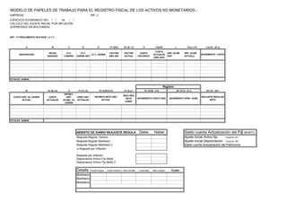MODELO DE PAPELES DE TRABAJO PARA EL REGISTRO FISCAL DE LOS ACTIVOS NO MONETARIOS.-
EMPRESA: RIF: J-
EJERCICIO ECONOMICO DEL / / AL / /
CALCULO DEL AJUSTE INICIAL POR INFLACIÓN
(EXPRESADO EN BOLÍVARES)
ART. 117 REGLAMENTO ISLR NUM. 1,2 Y 3
A B C D E F= (D/C) G= (E / C) H I=(HxF) J K=(J x F)
DESCRIPCIÓN
FECHA
ADQUISIC
I.P.C.
COMPRA
I.P.C.
CIERRE ANT
I.P.C. CIERRE
FACTOR
AÑO ANT
FACTOR
ACTUAL
COSTO
HISTORICO
COSTO
ACTUALZD
(AÑO ANT)
DEP. ACUM
HIST
DEP. ACUM
ACTUALZ
TOTALES SUMAN
M N= (M x G) O P= (O x G) R= (Q-L)**
COSTO HIST. AL CIERRE
ACTUAL
COSTO
ACTUALZD
DEPREC.
HIST.
ACUML. AL
CIERRE
DPRC HIST
ACTUALZD
REAJ REG
NETO
EJERC
TOTALES SUMAN
ASIENTO DE DIARIO REAJUSTE REGULAR x INFLACDebe Haber Saldo cuenta Actualización del PatrimonioMONTO
Reajuste Regular Terreno Ajuste Inicial Activo fijo Columna "S1"
Reajuste Regular Mobiliario Ajuste Inicial Depreciacion Columna "S2"
Reajuste Regular Mobiliario 2 Saldo cuenta Actualización del Patrimonio
Reajuste por Inflación
Depreciacion Activo Fijo Mobil
Depreciacion Activo Fijo Mobil 2
Detalle DepreciacFecha Adquis Costo Histórico Vida Util Mes Cuota Mes Mes a Deprc. Cuota
Mobiliario
Mobiliario
Mobiliario
Registro
REAJUSTE REGULAR
NETO
S3= (S1 - S2)**S2= (P-O) - (K-J)
a Reajuste por Inflación
L=(I-H) - (K-J)
INCREMENTO COSTO
Q= (N-M)-(P-O)
INCRMTO NETO AÑO
ACTUAL
S1= (N-M) - (I-H)
INCREMENTO COSTO ADQ INCREMENTO DPRC. ACML
 