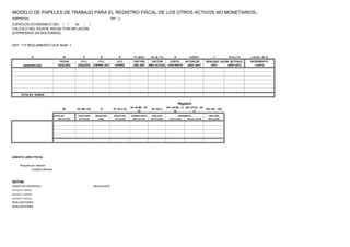 MODELO DE PAPELES DE TRABAJO PARA EL REGISTRO FISCAL DE LOS OTROS ACTIVOS NO MONETARIOS.-
EMPRESA: RIF: J-
EJERCICIO ECONOMICO DEL / / AL / /
CALCULO DEL AJUSTE INICIAL POR INFLACIÓN
(EXPRESADO EN BOLÍVARES)
ART. 117 REGLAMENTO ISLR NUM. 1
A B C D E F= (D/C) G= (E / C) H I=(HxF) J K=(J x F)
FECHA I.P.C. I.P.C. I.P.C. FACTOR FACTOR
ADQUISIC ADQUISIC CIERRE ANT CIERRE AÑO ANT AÑO ACTUAL HISTORICO (AÑO ANT) HIST (AÑO ANT)
TOTALES SUMAN
M N= (M x G) O P= (O x G)
Q= (N-M) - (P-
O)
R= (Q-L)
S1= (N-M) - (I-
H)
S2= (P-O) - (K-
J)
S3= (S1 - S2)
COSTO AD COSTO ADQ REALIZ HIST REALIZ HIST INCRMTO NETO REAJ REG REAJ REG
AÑO ACTUAL ACTUALZD ACML ACTUALZD AÑO ACTUAL NETO EJERC COSTO ADQ REALIZ. ACUM NETO ACML
ASIENTO LIBRO FISCAL
Reajuste por Inflación
Creditos Diferidos
NOTAS
CREDITOS DIFERIDOS: REALIZADOS
ANTICIPO A VENTAS
ANTICIPO A VENTAS
ANTICIPO A VENTAS
REALIZACIONES
REALIZACIONES
DESCRIPCIÓN
COSTO ACTUALZD REALIZAC. ACUM ACTUALZ
INCREMENTO
L=(I-H) - (K-J)
INCREMENTO
COSTO
Registro
 