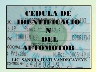 LIC. SANDRA ITATI VANDECAVEYE
CEDULA DE
IDENTIFICACIO
N
DEL
AUTOMOTOR
 