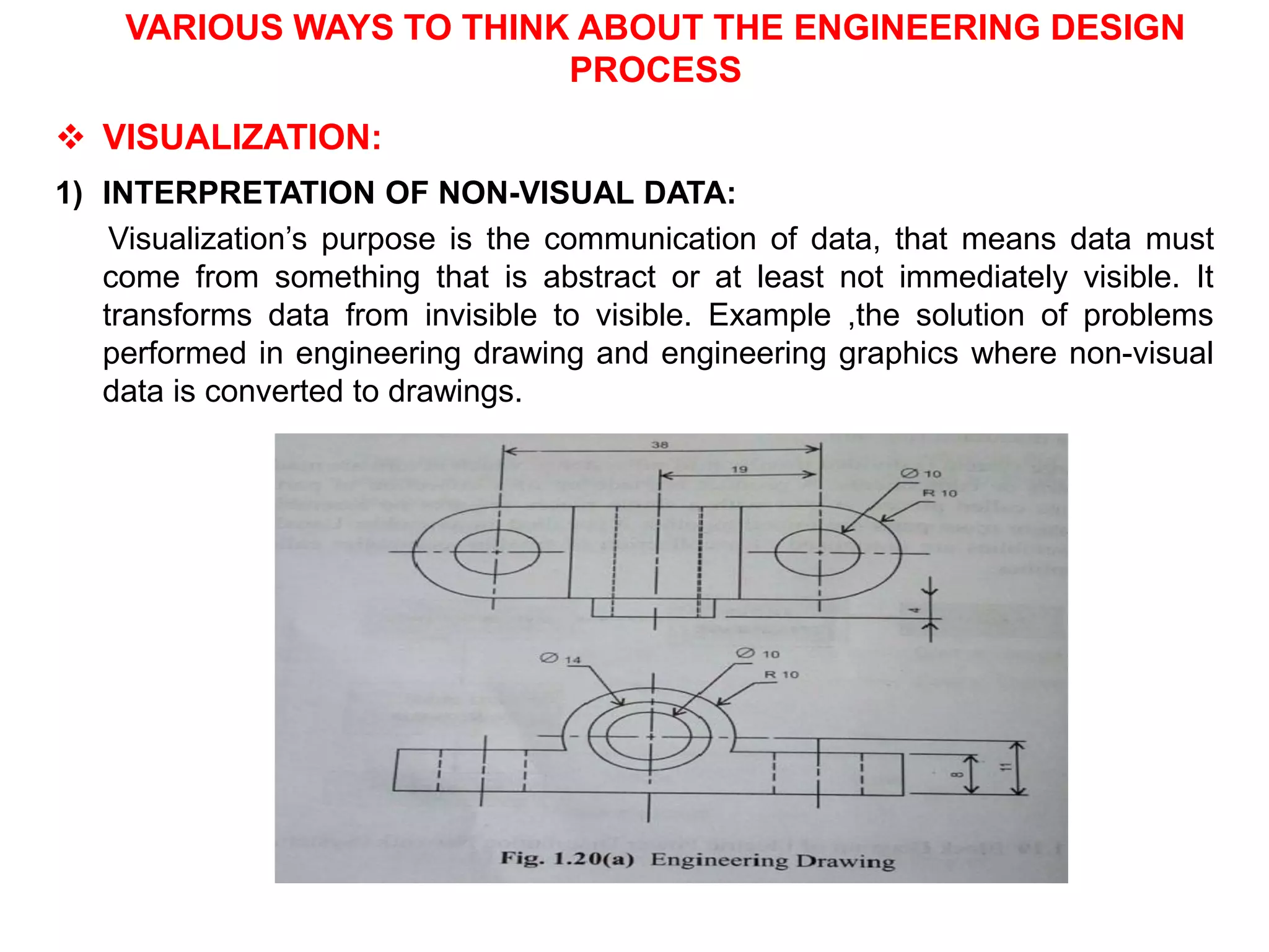 VARIOUS WAYS TO THINK ABOUT THE ENGINEERING DESIGN
PROCESS
 VISUALIZATION:
1) INTERPRETATION OF NON-VISUAL DATA:
Visualization’s purpose is the communication of data, that means data must
come from something that is abstract or at least not immediately visible. It
transforms data from invisible to visible. Example ,the solution of problems
performed in engineering drawing and engineering graphics where non-visual
data is converted to drawings.
 
