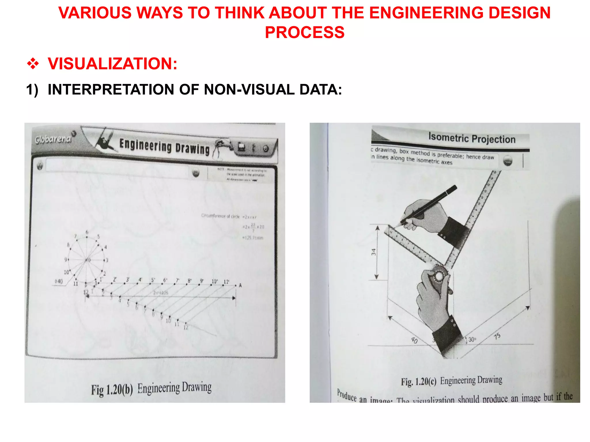 VARIOUS WAYS TO THINK ABOUT THE ENGINEERING DESIGN
PROCESS
 VISUALIZATION:
1) INTERPRETATION OF NON-VISUAL DATA:
 