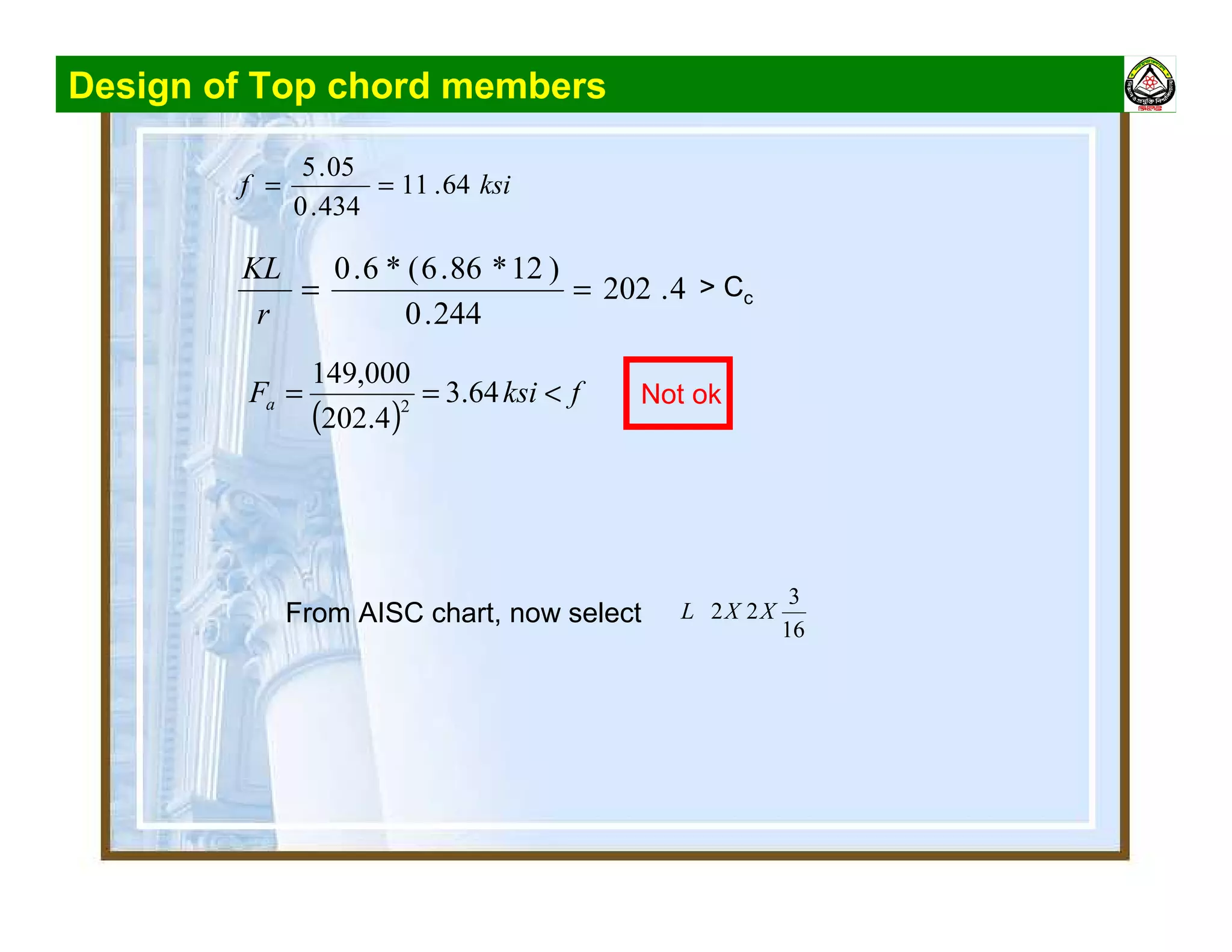 Design of Top chord members
ksif 64.11
434.0
05.5
==
4.202
244.0
)12*86.6(*6.0
==
r
KL
> Cc
From AISC chart, now select
16
3
22 XXL
( )
fksiFa <== 64.3
4.202
000,149
2 Not ok
 