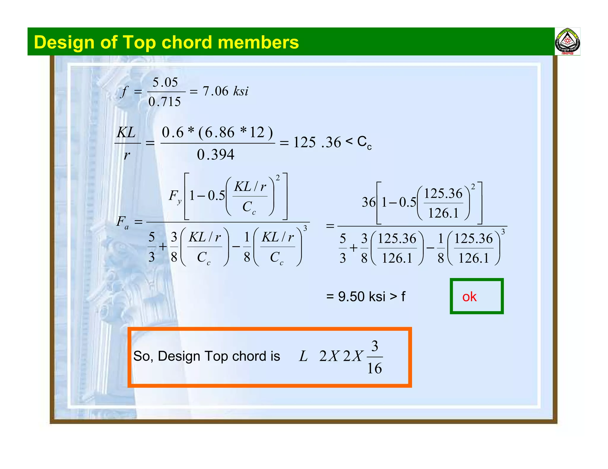 Design of Top chord members
ksif 06.7
715.0
05.5
==
36.125
394.0
)12*86.6(*6.0
==
r
KL
< Cc
So, Design Top chord is
16
3
22 XXL
ok
3
2
/
8
1/
8
3
3
5
/
5.01






−





+














−
=
cc
c
y
a
C
rKL
C
rKL
C
rKL
F
F
3
2
1.126
36.125
8
1
1.126
36.125
8
3
3
5
1.126
36.125
5.0136






−





+














−
=
= 9.50 ksi > f
 