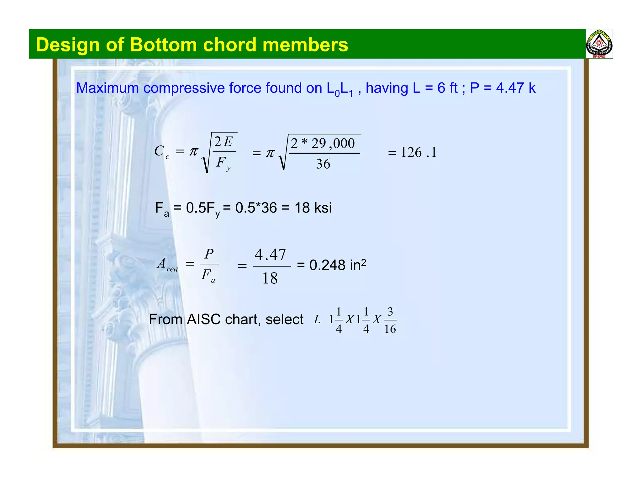 Design of Bottom chord members
Maximum compressive force found on L0L1 , having L = 6 ft ; P = 4.47 k
y
c
F
E
C
2
π=
36
000,29*2
π= 1.126=
Fa = 0.5Fy = 0.5*36 = 18 ksi
a
req
F
P
A =
18
47.4
= = 0.248 in2
From AISC chart, select
16
3
4
1
1
4
1
1 XXL
 
