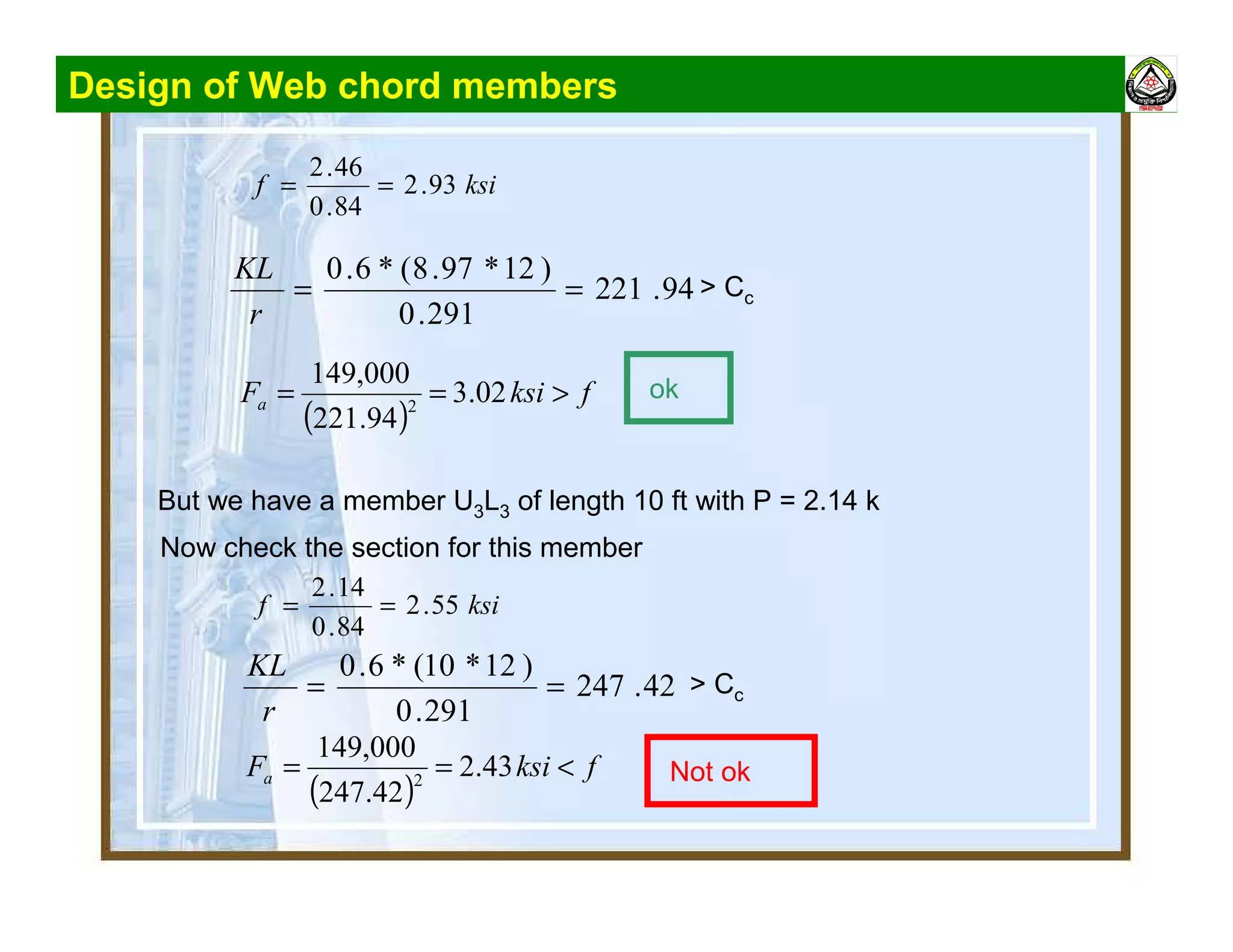Design of Web chord members
ksif 93.2
84.0
46.2
==
94.221
291.0
)12*97.8(*6.0
==
r
KL
> Cc
ok
( )
fksiFa >== 02.3
94.221
000,149
2
But we have a member U3L3 of length 10 ft with P = 2.14 k
Now check the section for this member
ksif 55.2
84.0
14.2
==
42.247
291.0
)12*10(*6.0
==
r
KL
> Cc
( )
fksiFa <== 43.2
42.247
000,149
2 Not ok
 