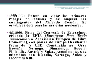 1°/I/1959: Entran en vigor las primeras rebajas en aduana y se amplían los contingentes del Mercado Común. Se establece éste para las materias nucleares. 4/I/1960: Firma del Convenio de Estocolmo, creando  la EFTA ( European Free Trade Association  o Asociación Europea de Libre Comercio), con países de Europa Occidental fuera de la CEE. Constituida por Gran Bretaña, Noruega, Dinamarca, Suecia, Finlandia, Austria y Suiza. Actualmente, sus miembros son Islandia, Noruega, Suiza y Liechtenstein.  Lic. Mª Celeste Gigli Box (ERFdB) Caso necesitar mais informação, sinta-se á vontade de escrever para: mcgb_br@yahoo.com.br 