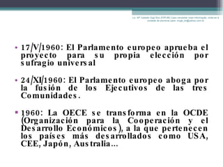 17/V/1960: El Parlamento europeo aprueba el proyecto para su propia elección por sufragio universal 24/XI/1960: El Parlamento europeo aboga por la fusión de los Ejecutivos de las tres Comunidades. 1960: La OECE se transforma en la OCDE (Organización para la Cooperación y el Desarrollo Económicos), a la que pertenecen los países más desarrollados como USA, CEE, Japón, Australia... Lic. Mª Celeste Gigli Box (ERFdB) Caso necesitar mais informação, sinta-se á vontade de escrever para: mcgb_br@yahoo.com.br 