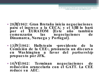 28/II/1962: Gran Bretaña inicia negociaciones para el ingreso a la CECA; y el 5/III lo hará por el EURATOM (Este año también comenzarán las negociaciones de Dinamarca, Noruega y Portugal). 13/IV/1962: Hallsteain -presidente de la Comisión de la CEE-, pronuncia un discurso en Washington a favor del  partnership  propuesto por JFK. 16/VI/1962: Terminan negociaciones de reducción arancelaria con el GATT. La CEE reduce su  AEC. Lic. Mª Celeste Gigli Box (ERFdB) Caso necesitar mais informação, sinta-se á vontade de escrever para: mcgb_br@yahoo.com.br 