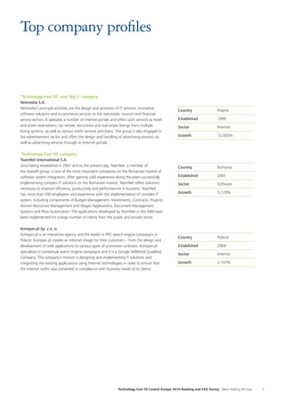 Technology Fast 50 Central Europe 2010 Ranking and CEO Survey Talent leading the way 7
Top company profiles
‘Technology Fast 50‘ and ‘Big 5‘ category
Netmedia S.A.
Netmedia’s principal activities are the design and provision of IT services, innovative
software solutions and e-commerce services to the real estate, tourism and financial
service sectors. It operates a number of Internet portals and offers such services as hotel
and ticket reservations, car rentals, excursions and real estate listings from multiple
listing systems, as well as various credit services and loans. The group is also engaged in
the advertisement sector and offers the design and handling of advertising process, as
well as advertising services through its Internet portals.
‘Technology Fast 50‘ category
TeamNet International S.A.
Since being established in 2001 and to the present day, TeamNet, a member of
the Asesoft group, is one of the most important companies on the Romanian market of
software system integrators. After gaining solid experience along the years successfully
implementing complex IT solutions on the Romanian market, TeamNet offers solutions
necessary to improve efficiency, productivity and performances in business. TeamNet
has more than 200 employees and experience with the implementation of complex IT
system, including components of Budget Management, Investments, Contracts, Projects,
Human Resources Management and Wages Applications, Document Management
Systems and Flow Automation. The applications developed by TeamNet in this field have
been implemented for a large number of clients from the public and private sector.
Kompan.pl Sp. z o. o.
Kompan.pl is an interactive agency and the leader in PPC search engine campaigns in
Poland. Kompan.pl creates an Internet image for their customers – from the design and
development of web applications to various types of promotion activities. Kompan.pl
specializes in contextual search engine campaigns and it is a Google AdWords Qualified
Company. The company’s mission is designing and implementing IT solutions and
integrating the existing applications using Internet technologies in order to ensure that
the Internet traffic was converted in compliance with business needs of its clients.
Country Poland
Established 1999
Sector Internet
Growth 15,005%
Country Romania
Established 2001
Sector Software
Growth 3,120%
Country Poland
Established 2004
Sector Internet
Growth 2,107%
 