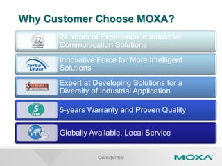 24 Years of Experience in Industrial
Communication Solutions
Innovative Force for More Intelligent
Solutions
Expert at Developing Solutions for a
Diversity of Industrial Application
5-years Warranty and Proven Quality
Globally Available, Local Service
Confidential
Why Customer Choose MOXA?
 