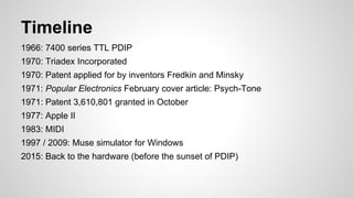 Timeline
1966: 7400 series TTL PDIP
1970: Triadex Incorporated
1970: Patent applied for by inventors Fredkin and Minsky
1971: Popular Electronics February cover article: Psych-Tone
1971: Patent 3,610,801 granted in October
1977: Apple II
1983: MIDI
1997 / 2009: Muse simulator for Windows
2015: Back to the hardware (before the sunset of PDIP)
 