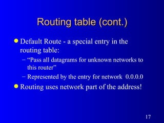 Routing table (cont.) Default Route - a special entry in the routing table: “ Pass all datagrams for unknown networks to this router” Represented by the entry for network  0.0.0.0 Routing uses network part of the address! 
