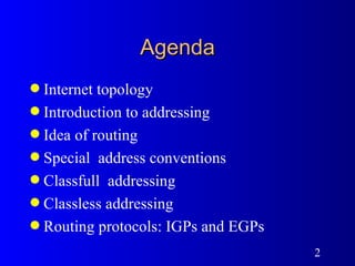 Agenda Internet topology Introduction to addressing Idea of routing Special  address conventions Classfull  addressing Classless addressing Routing protocols: IGPs and EGPs 
