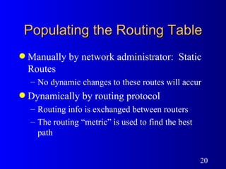 Populating the Routing Table Manually by network administrator:  Static Routes No dynamic changes to these routes will accur Dynamically by routing protocol Routing info is exchanged between routers The routing “metric” is used to find the best path  