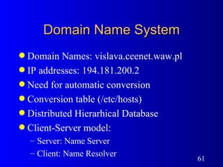 Domain Name System Domain Names: vislava.ceenet.waw.pl IP addresses: 194.181.200.2 Need for automatic conversion Conversion table (/etc/hosts) Distributed Hierarhical Database Client-Server model: Server: Name Server Client: Name Resolver 